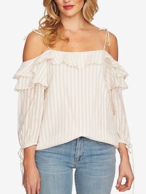 CeCe Pale Blush Striped Cold-Shoulder Blouse with Tassel Ties
